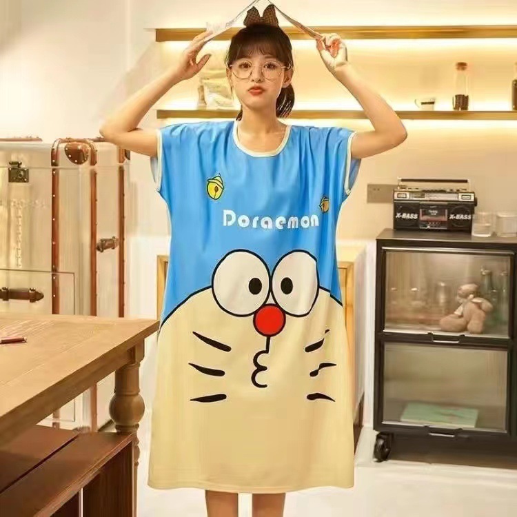 Spot falda de mujer viento perezoso talla grande camisón de mujer manga corta suelta y cómoda cuello redondo lindo vestido de casa con estampado de dibujos animados