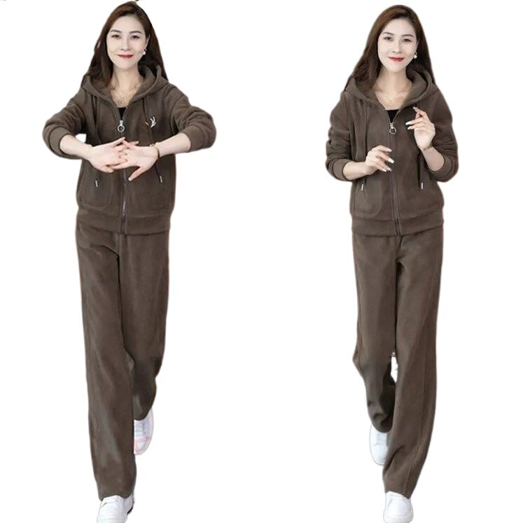 加绒加厚新款冬季休闲洋气宽松连帽卫衣运动服套装妈妈两件套冬天|undefined