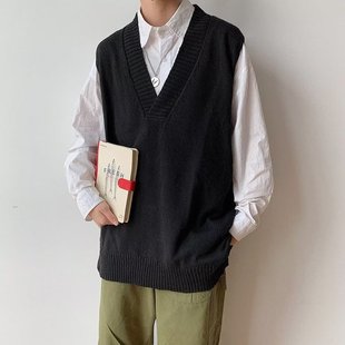 Spring and Autumn Men's Sleeveless Sweater Vest Loose Waistcoat Base Shirt V-neck Knitwear Korean Fashionable Vest Trendy