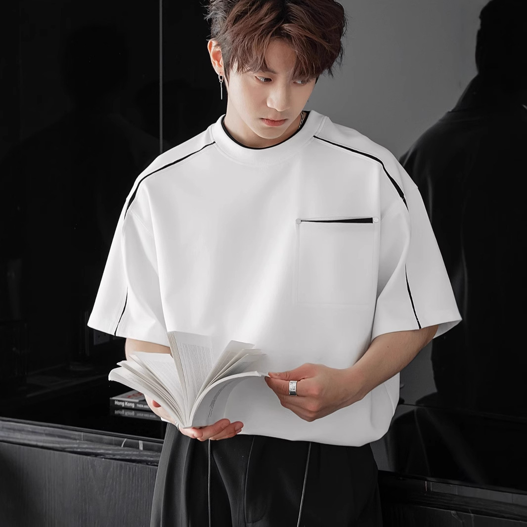 American High Street Short-Sleeved Men's T-Shirt Summer New Trendyy Splicing Design Loose and Versatile Casual Round Neck Half-Sleeve