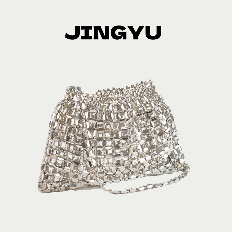 2024 New Retro Metallic Silver Design Hollow Handwoven Beaded Fashionable Shoulder Underarm Bag