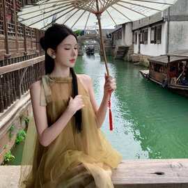 实拍 新中式禅意晨袍仙女网纱扎染假两件无袖超仙连衣裙