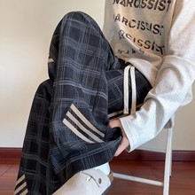 格子裤男春秋美式灯芯绒休闲裤子宽松直筒秋冬阔腿运动裤批发代发