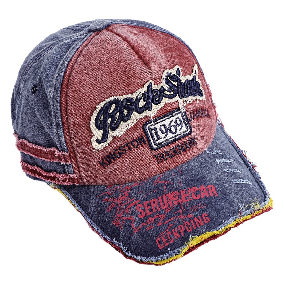 Denim lavado apenada gorra de béisbol letras primavera y otoño suave superior transpirable retro negro rasgado cepillado TAPA DE PICO para hombres y mujeres