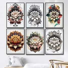 金色曼陀罗莲花油画工厂一件代发来图打印帆布画芯跨境电商虾皮