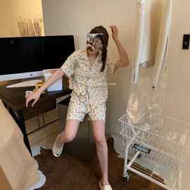 新款翻领短袖短裤家居服套装可爱小老虎印花睡衣女夏季开衫外穿