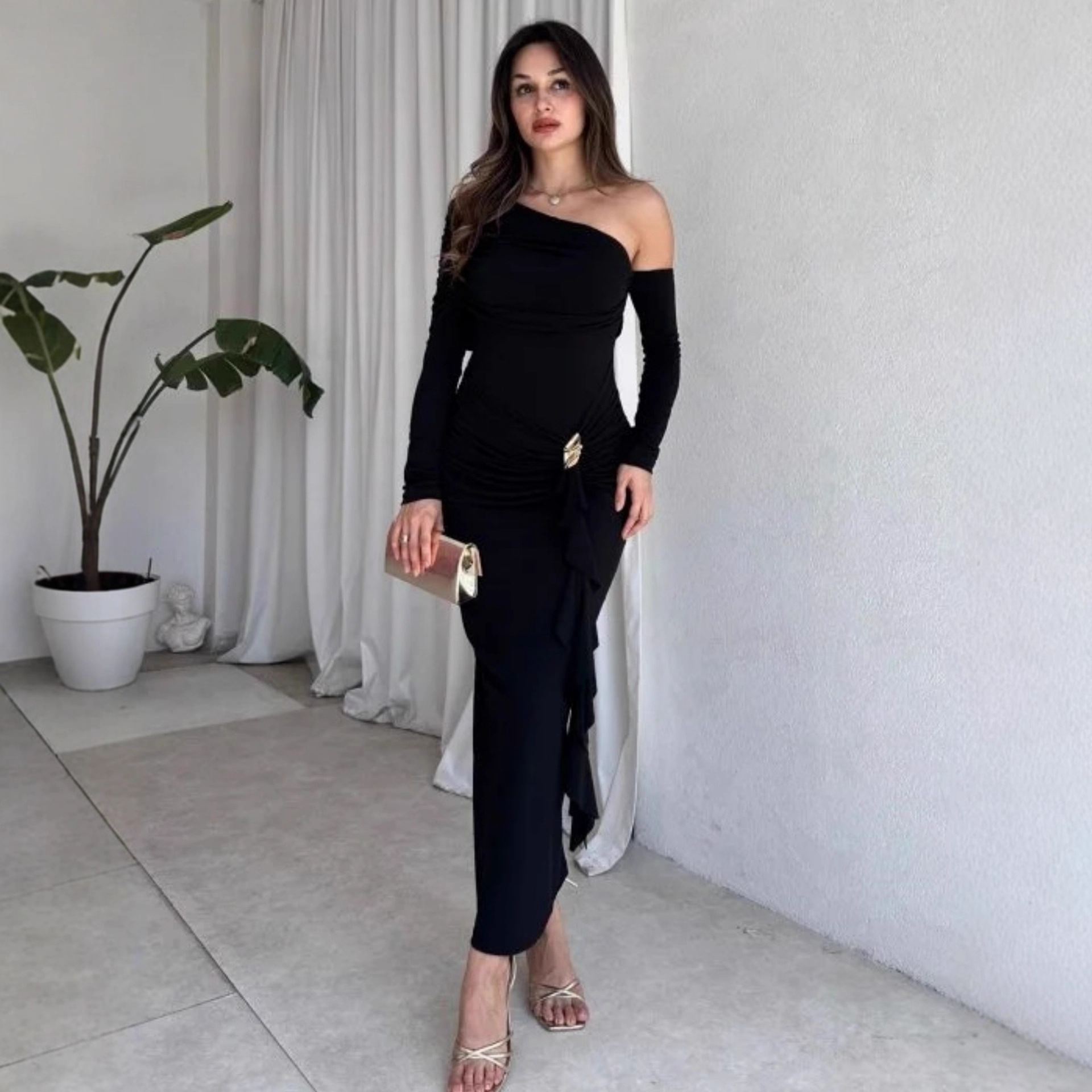 Women Asymmetrical One Shoulder Solid Color Long Sleeve High Waist Bodycon Sexy Hip Wrapped Ruched Party Evening Dress_ecoleips.com