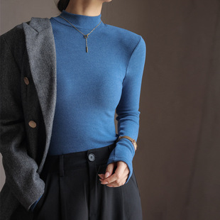 Q Imitation Cashmere Half Turtleneck Mid-Collar Bottoming Shirt for Women, Autumn and Winter Plus Thin Velvet Slim Long-Sleeved Top Base Layer