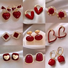 红色系列~爱心滴油耳环轻奢高级感复古耳钉秋冬时尚耳饰小众批发