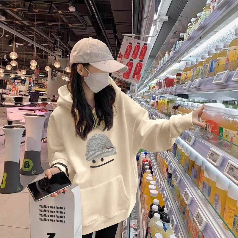 杏色连帽卫衣女2025新款秋季宽松大码上衣韩系胖mm加绒外套潮|undefined