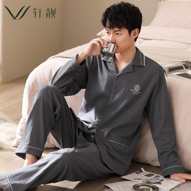 Pijamas de los hombres de primavera y otoño 100% algodón de manga larga más tamaño de los hombres sueltos de ropa para el hogar de otoño e invierno cardigan traje