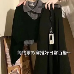 秋季一整套穿搭女2025新款时尚减龄短款毛衣百搭百褶半身裙两件套