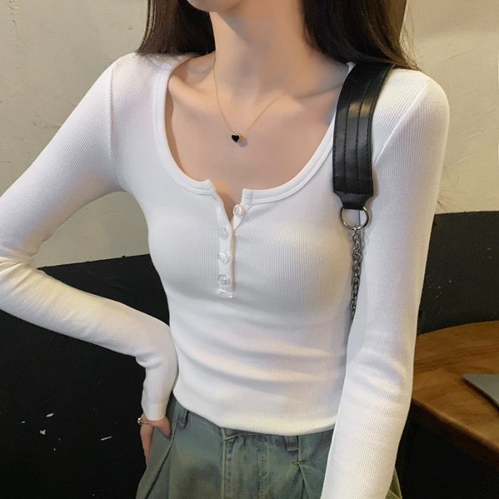 半开领辣妹修身t恤女打底衫早秋美拉德穿搭chic螺纹纽扣长袖上衣|undefined