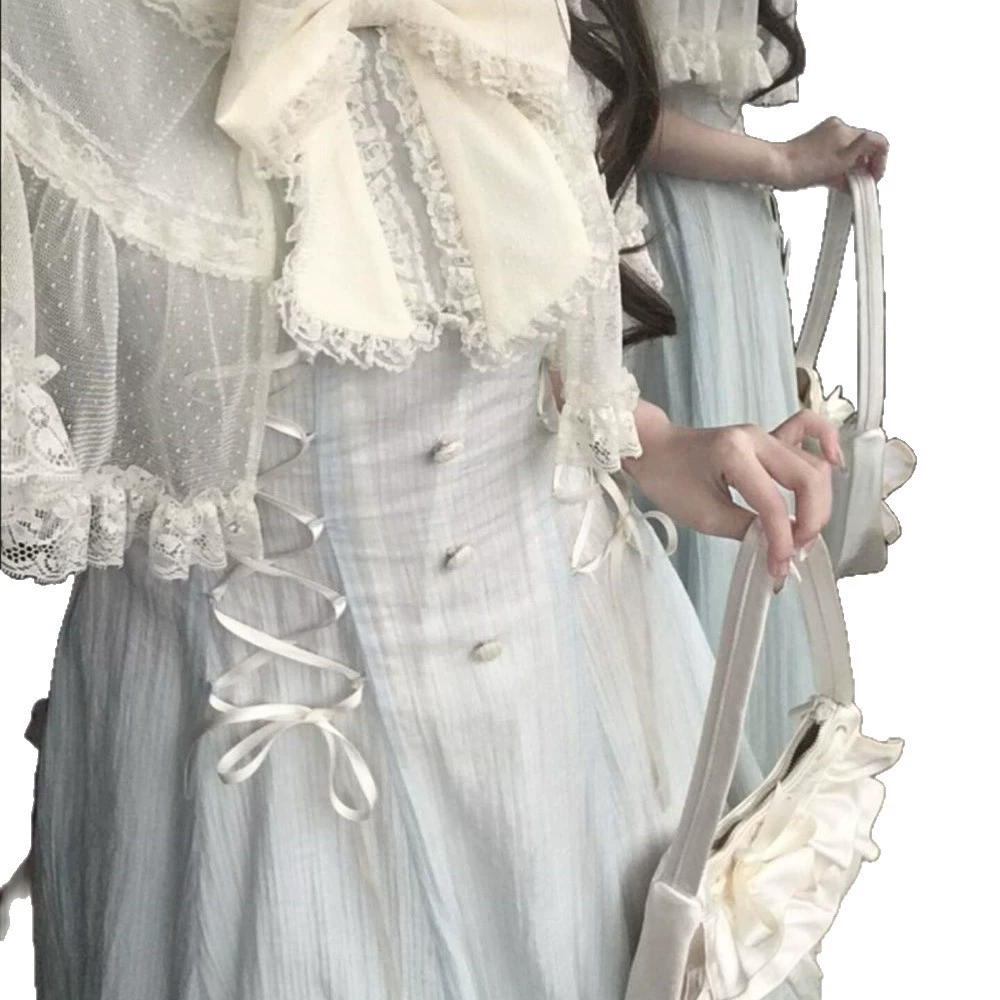 Милое кружевное платье Лолиты с бантом и короткими рукавами, новая летняя элегантная длинная юбка с талией для женщин