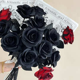 黑色玫瑰哥特暗黑仿真花黑白红色万圣节装饰假花跨境单支绢花假花
