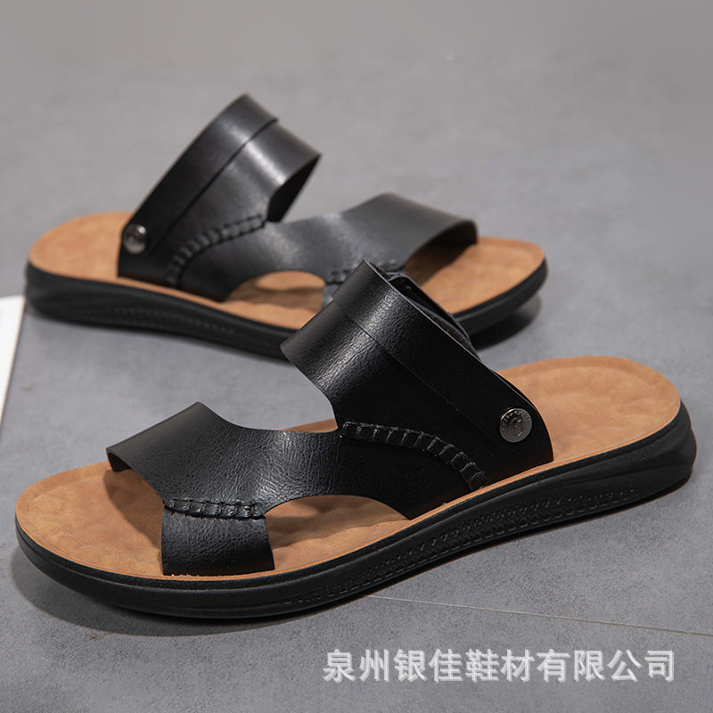 Dép sandal nam quai ngang hở ngón chất liệu da PU chống trơn, thoáng khí đi biển mùa hè — Màu xanh lam, Màu đen, Nâu vàng, Nâu đậm