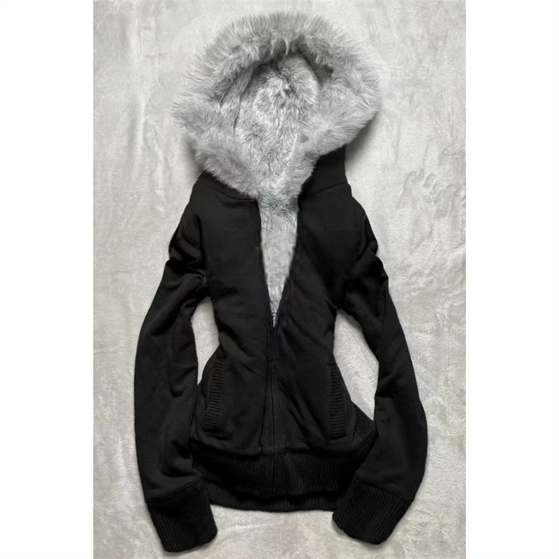 Original Gray Velvet Thickeneded Hooded Sweatshirt Jacket for Women in Autumn and Winter American Retro Vintage Design