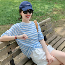 韩系蓝色条纹长袖防晒T恤女夏季小个子宽松外搭薄款空调罩衫上衣