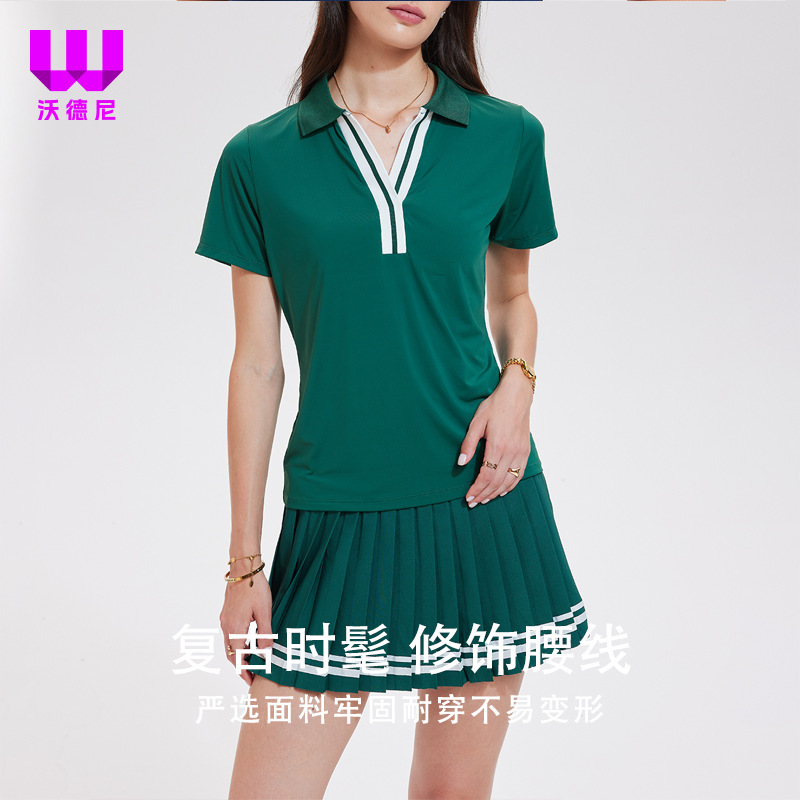 跨境运动套装V翻领短袖假两件百褶短裙夏季跑步网球速干健身服|undefined