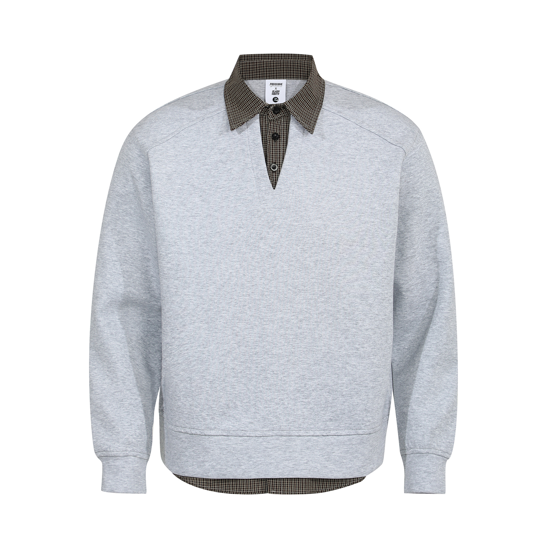 R3662美式复古高级感中性构型假两件格纹设计潮流男式翻领卫衣