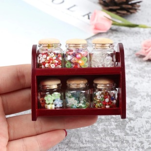 1:10Dollhouse Dollhouse Mini Kitchen Ornaments Miniature Model [6 Bottles of Spice Jars Mahogany Rack]