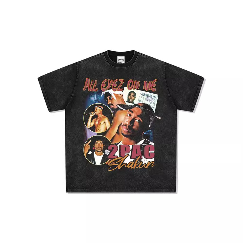 Hip-Hop Tupac Printed Retro High Street Short-Sleeved T-Shirt Vintage Washed Heavy Loose Trendy Men's Top