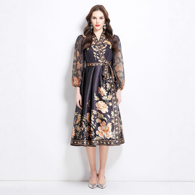 2025 Spring New V Neck Ethnic Style Printed Satin Wrap Long Dress