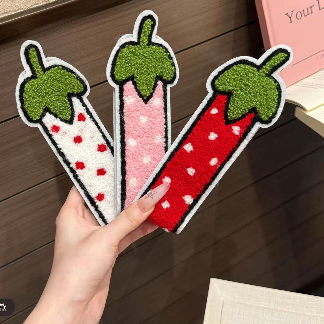 In-stock towel embroidery bangs stickers, featuring realistic fruit embroidery, cartoon designs, and a seamless look, perfect for girls to use as face and makeup accessories
