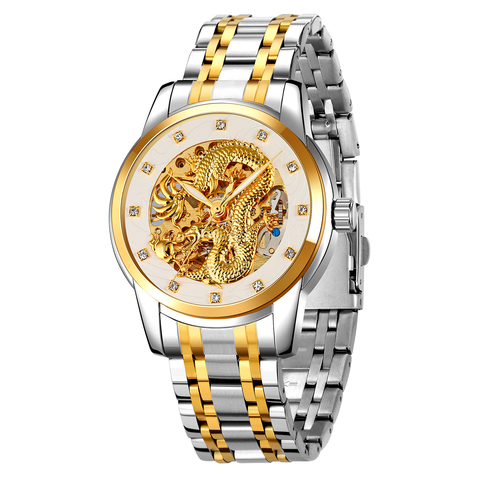 Momento de belleza en relieve de oro dragón penetrante reloj mecánico con diamante correa de acero impermeable reloj de hombre comercial personalizado transfronterizo al por mayor