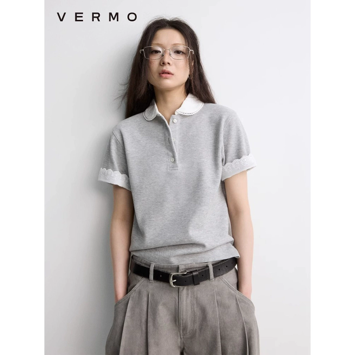 3355# VERMO вышитая кофта с воротником Питер Пэн, скрученные манжеты, слегка широкие плечи, поло-шарфовая футболка, вязаная футболка