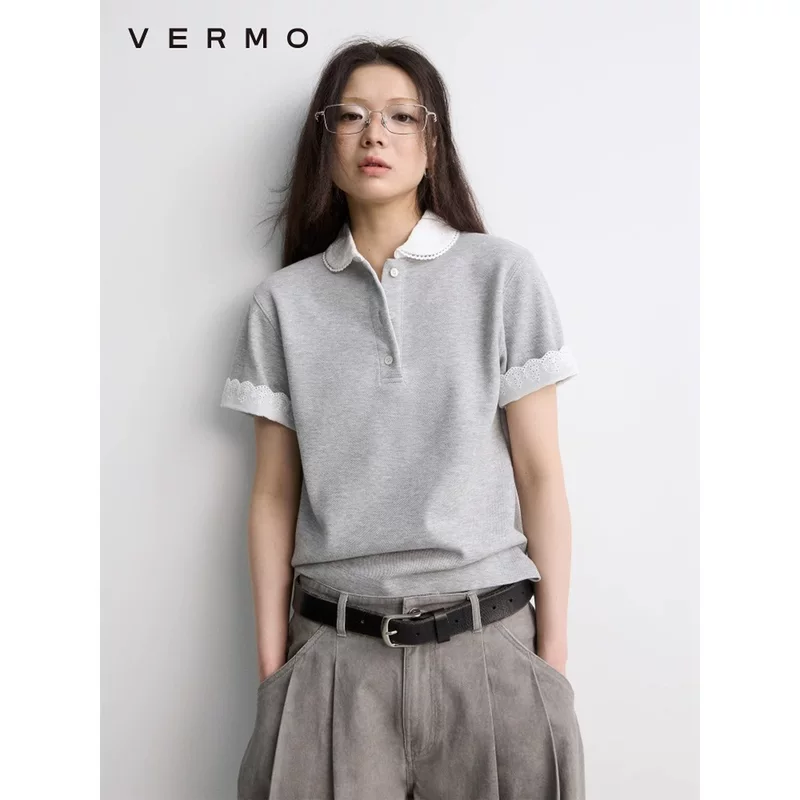 3355# VERMO вышитая кофта с воротником Питер Пэн, скрученные манжеты, слегка широкие плечи, поло-шарфовая футболка, вязаная футболка