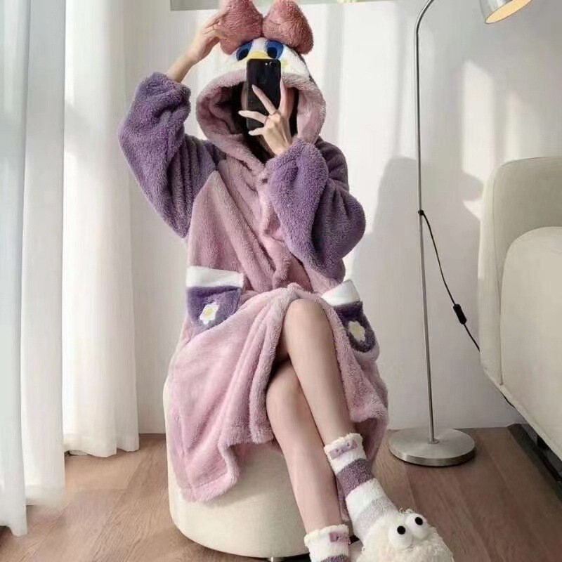 秋冬季珊瑚绒睡衣套装女加绒加厚家居服时尚可外穿法兰绒开衫睡袍|undefined
