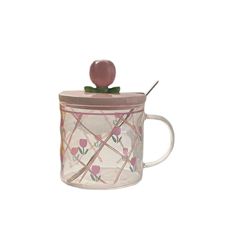 De alto aspecto lindo tulipán taza de agua taza de vidrio de niña con tapa cuchara Oficina taza de regalo del hogar taza