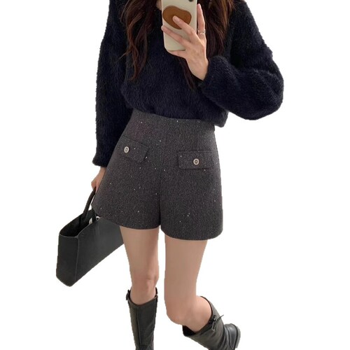 Women's Winter New Glitter A-line Wide Leg Boot Pants High-Waisted Pocket Design Casual Stylish Shorts