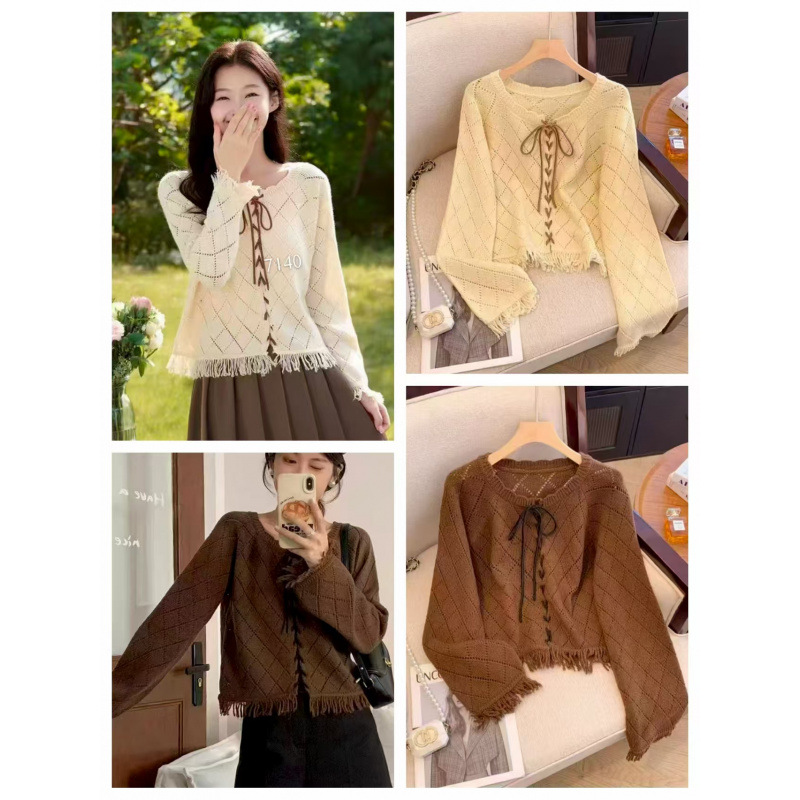 Cardigan de punto roscado con bordas huecas para mujeres 2025 diseño de otoño francés de nicho corta correa chaqueta suéter corto