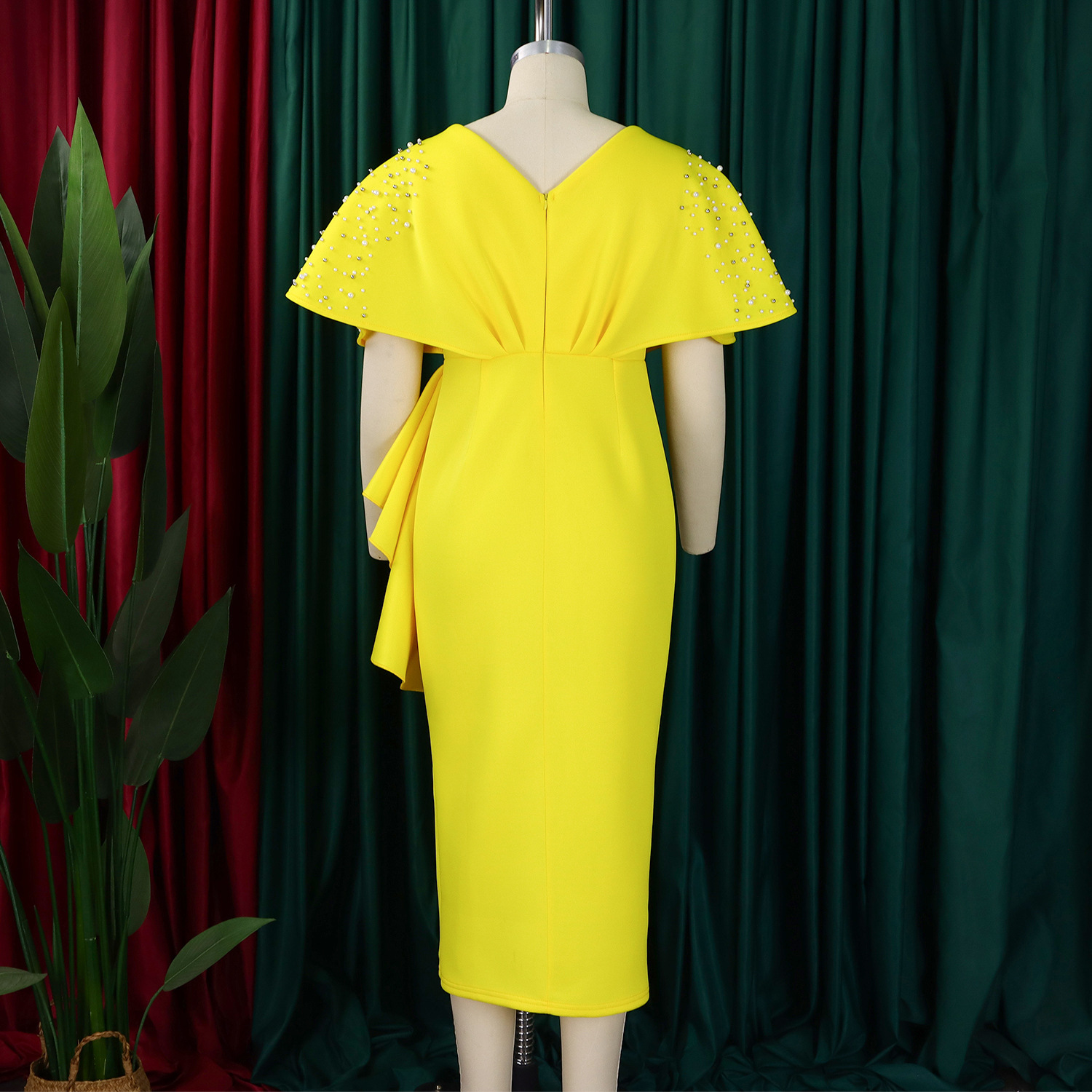 Robe de soirée sexy à col en V et à volants avec fente perlée, robe de banquet de tempérament de célébrité_voghion.com