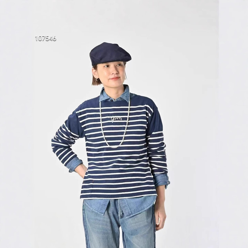 Japanese-Style Autumn and Winter New Embroidered Letter Hem Slit Basque Stripe T-Shirt Women's Simple Versatile Long-Sleeve Top Japanese-Style Autumn and Winter New Embroidered Letter Hem Slit Basque Stripe T-Shirt Women's Simple Versatile Long-Sleeve Top