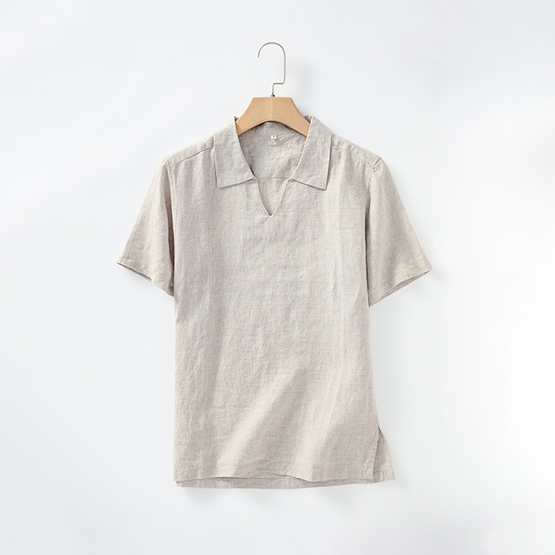 Men's Linen Shirt Lapel Short Sleeve Loose Casual Youth Linen Men's Clothing D047