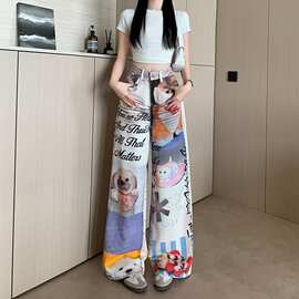 复古水洗涂鸦印花牛仔裤女2026夏季设计感宽松休闲阔腿直筒裤子