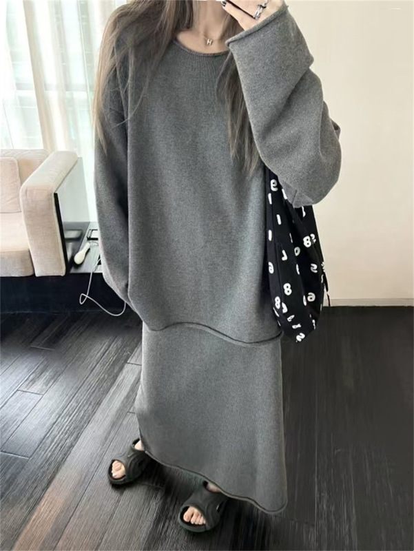 秋冬新款跨境宽松慵懒针织套装女休闲简约卷边半身裙毛衣两件套|undefined