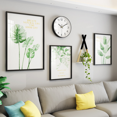 Modern Minimalist Style Green Plant Living Room with Wall Clock Decorative Painting Creative Combination Wall Art Sofa Background Wall Painting