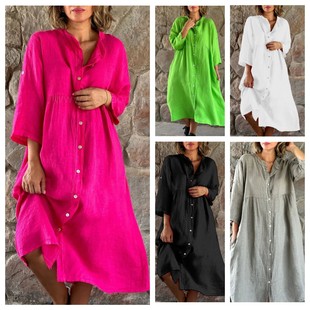 2023 Amazon ebay cross-border women's AliExpress new cotton and linen solid color casual button long dress wholesale
