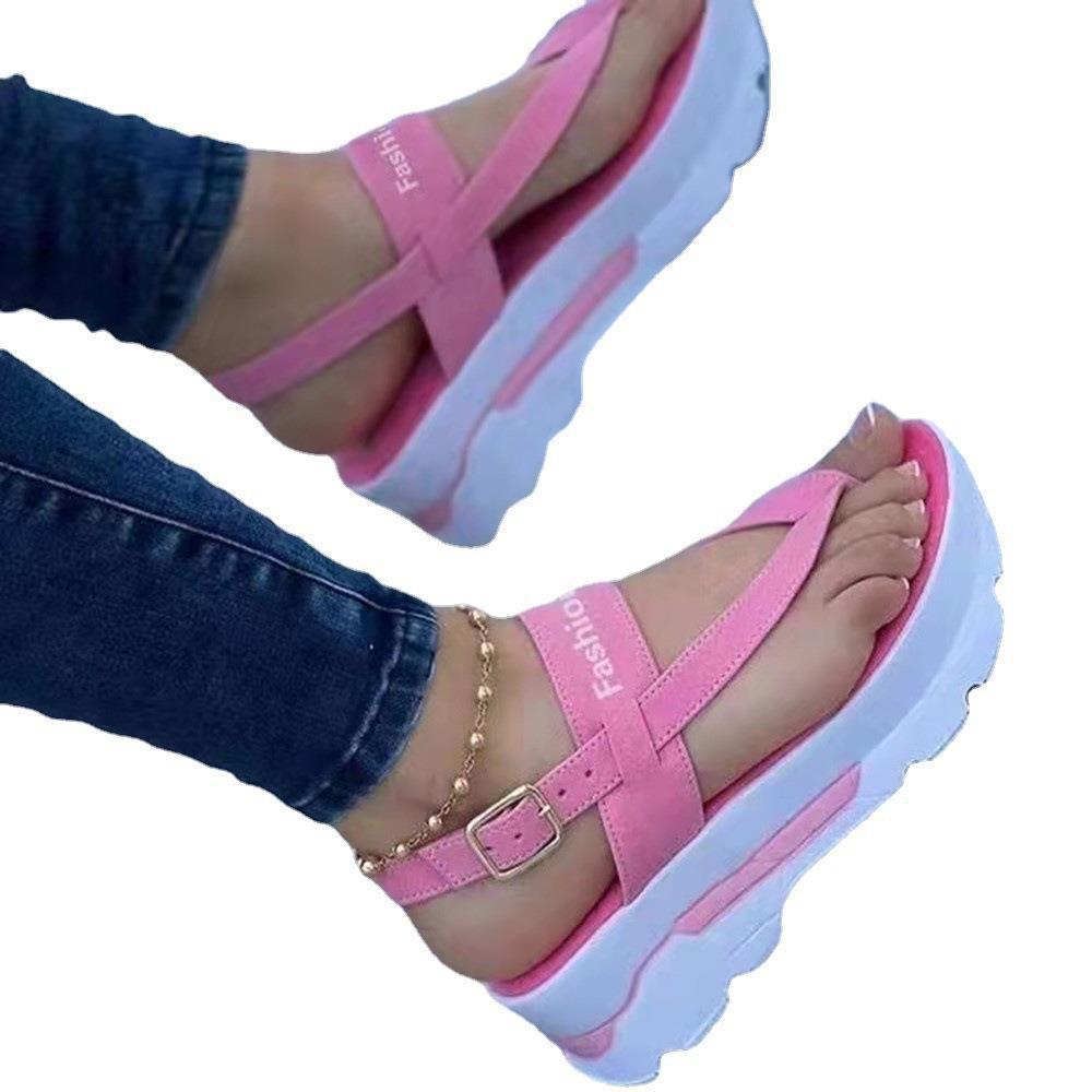 New Summer Korean Style Fresh Women's Toe Clip Thick Sole Height Increasing Solid Color Buckle Velcro Sandals For Women_voghion.com
