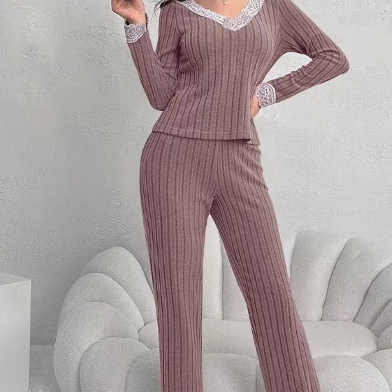 2025 Autumn New European and American Cross-Border Two-Piece Set for Women, Fashionable Casual V-Neck Lace Ribbed Pajama Set 2025 Autumn New European and American Cross-Border Two-Piece Set for Women, Fashionable Casual V-Neck Lace Ribbed Pajama Set