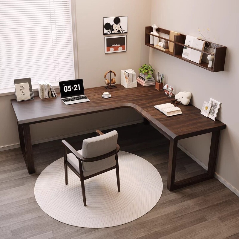 Solid Wood Corner Desk Against the Wall, Integrated Study Table, South American Walnut Computer Desk for Bedroom Home Use