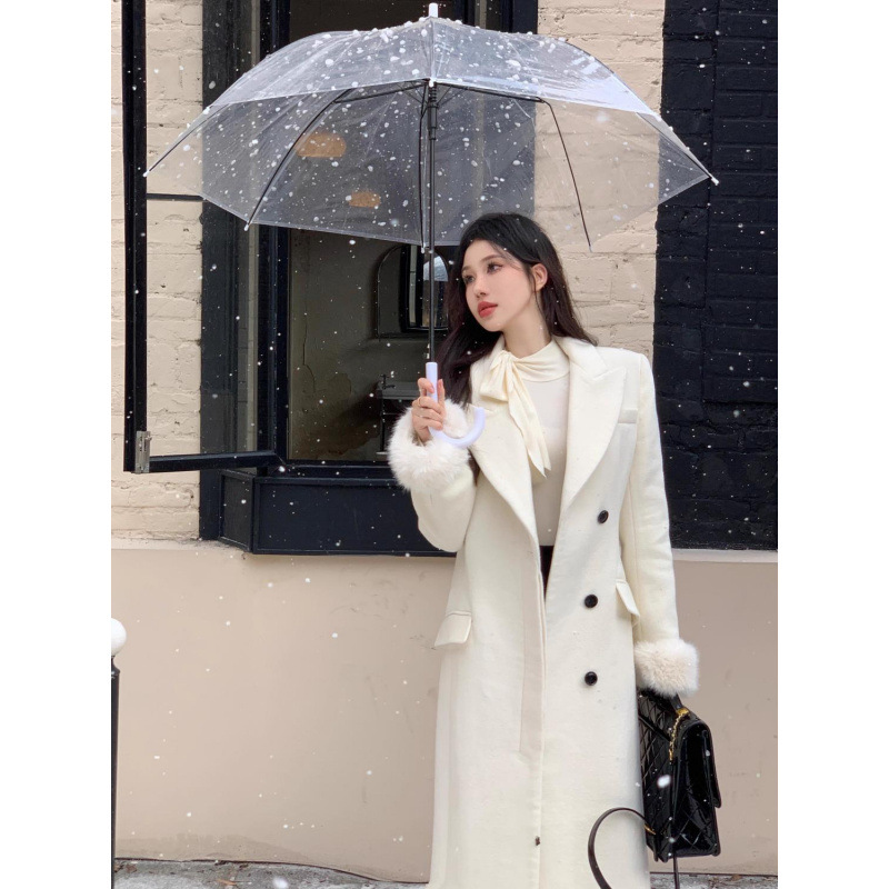 法式名媛气质过膝中长款呢子大衣女秋冬季毛毛袖套高级感毛呢外套