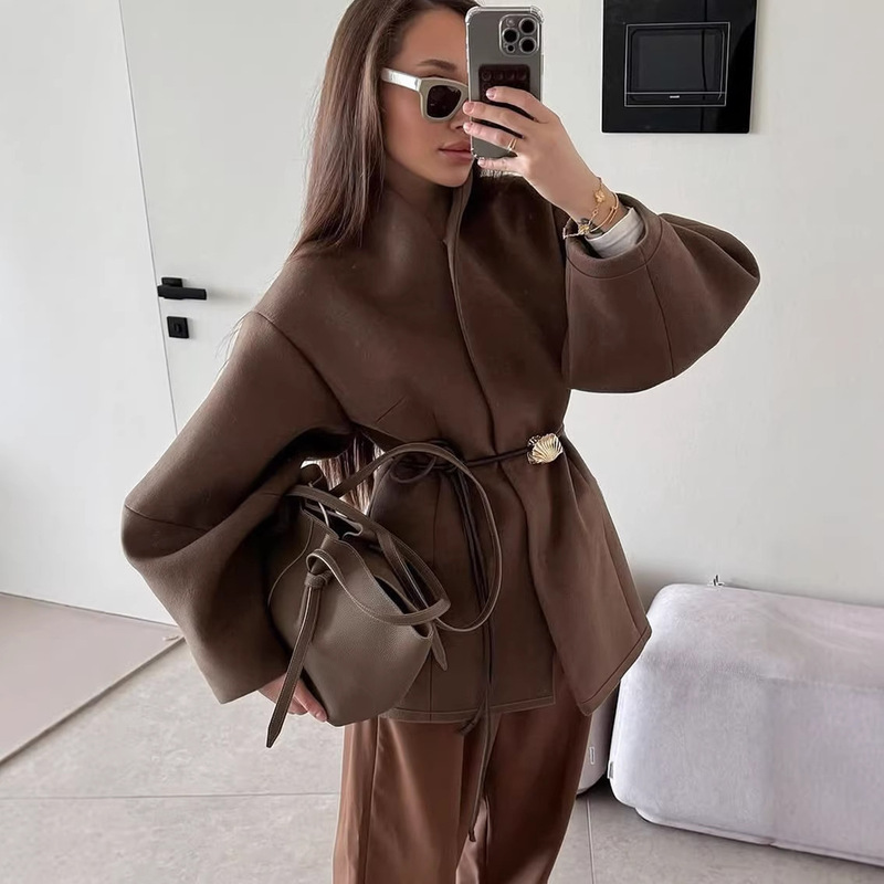 Autumn and Winter New High-End Brown Waist-Cinching Woolen Coat for Women, Stylish and Fashionable Ins-Style 2025 Cross-Border