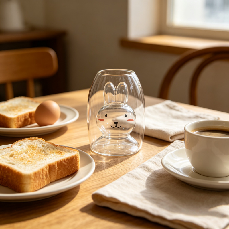 High borosilicate double-layer rabbit-shaped glass cup with cartoon rabbit ear print design for holding bubble fruit drinks