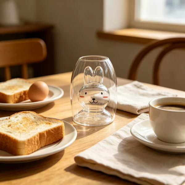 High borosilicate double-layer rabbit-shaped glass cup with cartoon rabbit ear print design for holding bubble fruit drinks