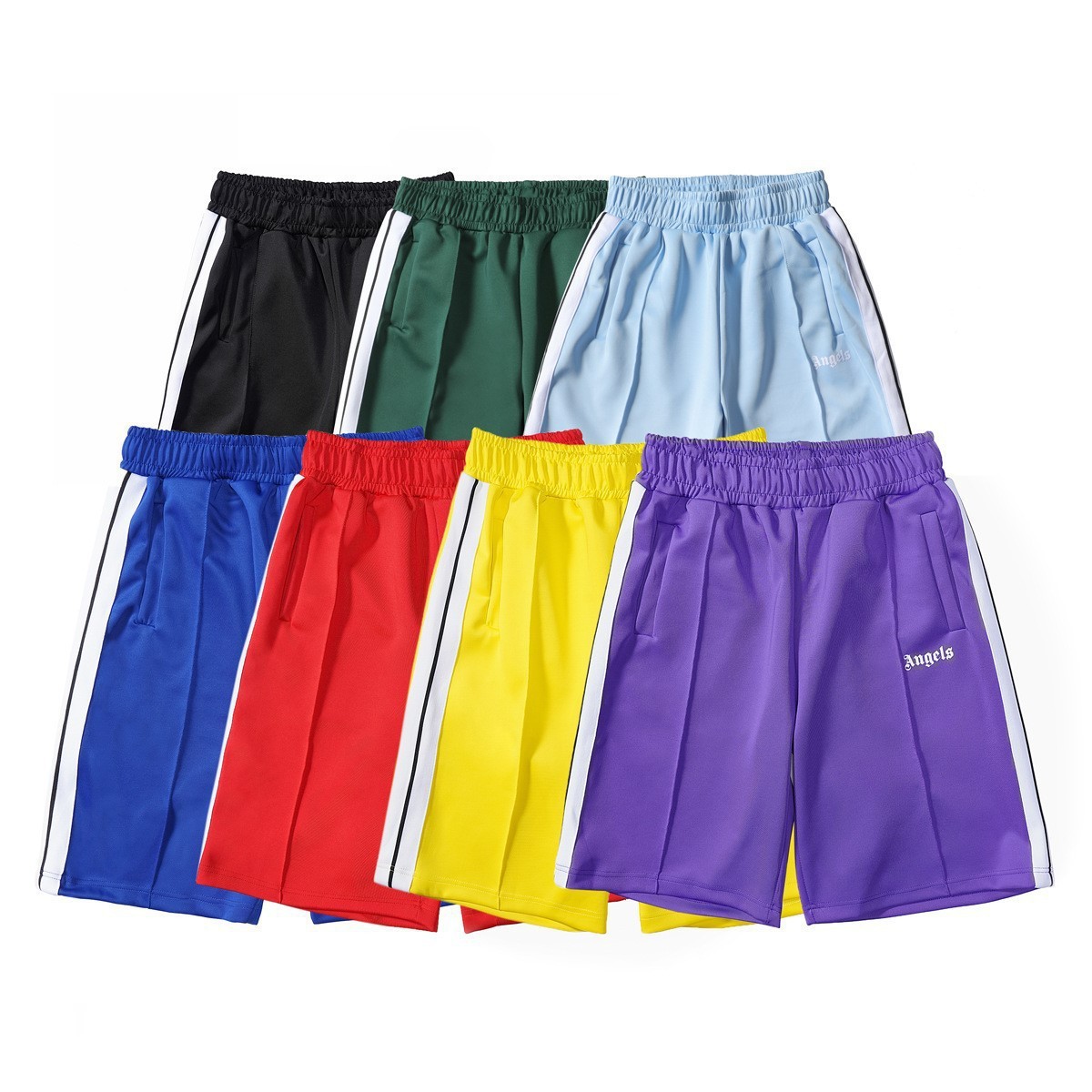 Ángel nuevos pantalones cortos deportivos casuales respirables para hombres y mujeres con correa lateral de tejido de color arco iris cuerdas de tirada de cintura